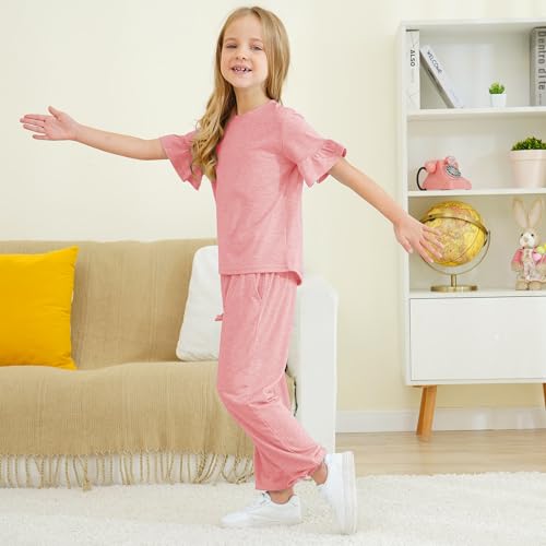 Image of Kids Girls Outfits Ruffle Sleeve T-Shirt Pants Set 2Piece 4-13 Years