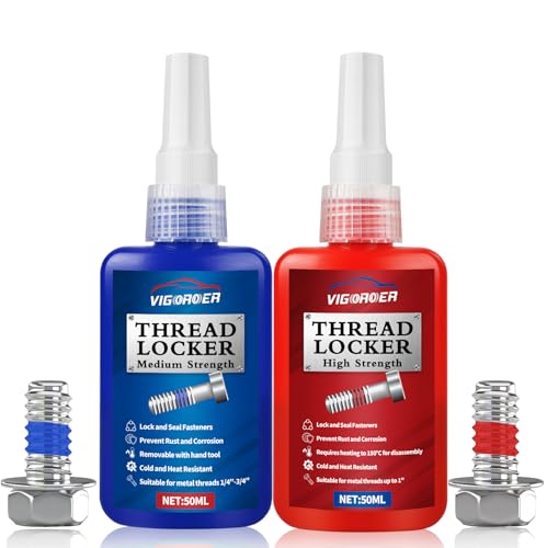 Vigorder Thread Lock Medium and High Strength, Thread Locker for Nuts, Bolts, Fasteners and Metals to Prevent Loosening and Leakage, Blue and Red