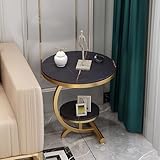 Mesa Auxiliar De Sofá De Pizarra En Forma De C, Moderna Mesa Auxiliar Redonda De Dos Niveles Con Estante De Almacenamiento Abierto, Textura De Mármol Y Marco De(Marco Dorado + Escritorio Negro-50Cm)