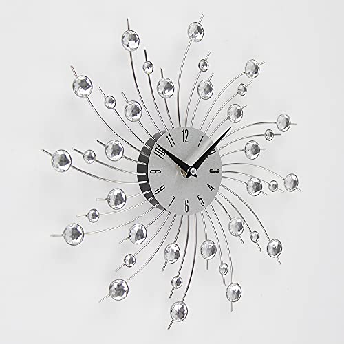 Modern 3D Crystal Wall Clock - Celebration Decorative Metal Wall Clock, Silver Mirror Sparkling Bling Diamond-Studded Wall Decor Clock Ideal For Living Room Bedroom Office (Rotating Radiation-33Cm) #TOP4