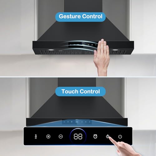 30 Inch Wall Mount Range Hood 1200CFM, 4-Speed Smart Wall Mount Range Hood with Touch Sensor & Remote, Dual LED Lights, Baffle Filters Ducted/Ductless Convertible Black Pro Series