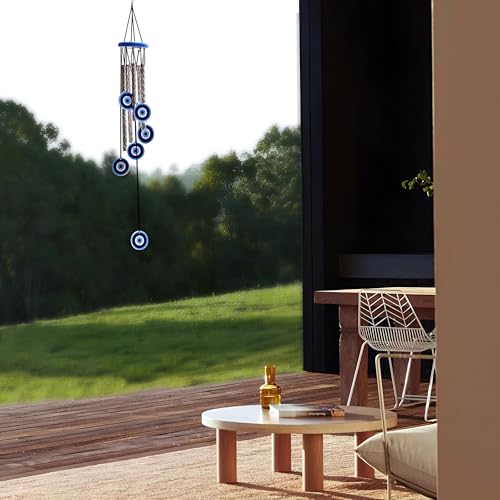 Image of Evil Eye Wind Chimes for Balcony & Positive Energy - 5 Metal Pipes with Nylon Thread & 6 Wooden Evil Eyes with Melody Sound for Relaxation and Calmness