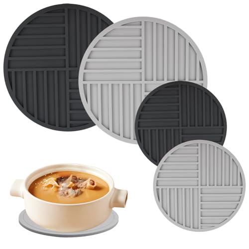 Cozlly 4 Piezas Salvamanteles de Silicona, Antideslizante Tapete de Utensilios Cocina, Resistente al Calor Posavasos Estera del Tazón, Base Redonda para Ollas, Sartenes (2x16cm 2x22cm) - Gris