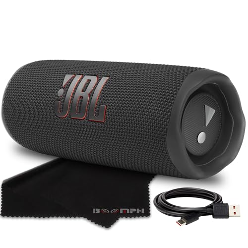 JBL Flip 6 portable Bluetooth speaker in black, slim cylindrical design with woven mesh grille and pronounced JBL logo, sized to fit in a backpack side pocket