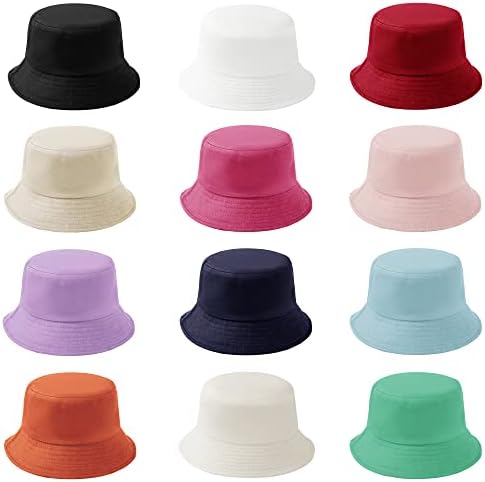 PODALOA 12 Pieces Cotton Bucket Hat Reversible Solid Color Summer Fishing Hats for Women Men Boys Girls UPF 50+