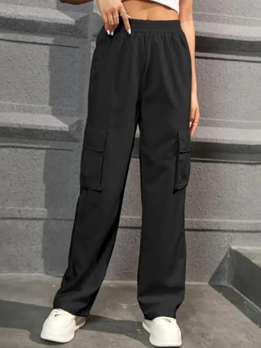 Image of THIRD QUADRANT Women's Wide Leg High Waisted Baggy Lounge Track Pants with Cargo Pockets Drawstring || Athletic Flared Trackpants with Utility Pockets