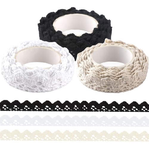 YFTRFR 3 Rollen Vintage Spitzenband, Selbstklebend Spitzenband Zierband Spitzenborte 1,8 Meter Spitzenbesatz Dtoffband für Handwerk, Hochzeit Dekorationen, Scrapbook, Geschenk (3 Farben)
