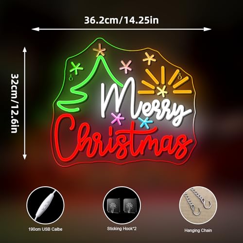Image of Merry Christmas Tree Neon Sign Dimmable With Christmas Tree and Sun Star Neon Signs Vibrant LED Neon Glowing Sign for Wall Decor Window Man Cave Bedroom Wedding Bar Party Gift New Year
