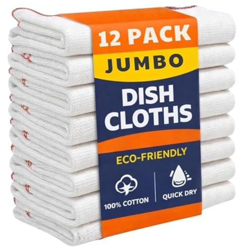 Reusable Jumbo Cleaning Cloths Dish Cloths for Washing Up 12 Pack Kitchen Cleaning Cloth Tea Towels for Kitchen Extra Large Dish Cloths for Washing Up Highly Absorbent White (52X38Cm)