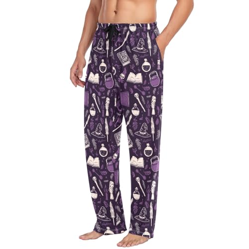 Men's Halloween Witch Pajama Pants with Pockets - Straight Fit Cotton Sleep Bottoms for Lounge & Nightwear#5754
