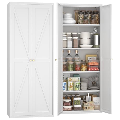 GREATMEET 71″ Kitchen Pantry Storage Cabinet, Cabinets with 2 Doors and Shelves, Tall Storage Cabinet, Laundry Room Cabinet, Food Pantry Cabinet, Metal Garage Storage Cabinets, White