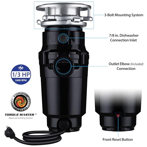 Waste Maid 10-US-WM-048-3B Garbage Disposal Anti-Jam Stainless Steel Food Waste Grinding System, 1/3 HP Compact, Black by WASTEMAID - Image 2
