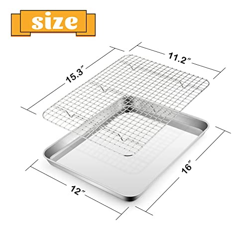 Stainless Steel Baking Sheet With Rack Set, E-Far 16”X12” Cookie Sheet Pan For Oven, Rimmed Metal Tray With Wire Cooling Rack For Cooking Roasting Resting Bacon Meat Steak - Dishwasher Safe #TOP1