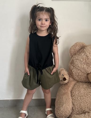 Image of Arshiner Girl's 2 Piece Outfits Tie Knot Tank Top and Paperbag Waist Summer Short Sets With Pocketed