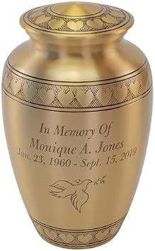 Custom Engraved Band of Hearts Gold Cremation Urn for Ashes, Brass, Gold Urn, Adult Sized Cremation Urn, 9.75 Inches High