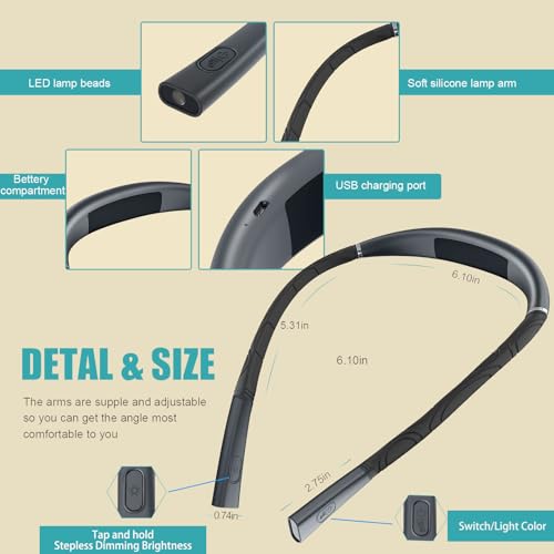 Image of LED Neck Reading Light, Book Light for Reading in Bed, 3 Colors, Stepless Dimming Brightness, Bendable Arms, Hand Free Rechargeable, Perfect for Reading, Knitting, Camping, Repairing.