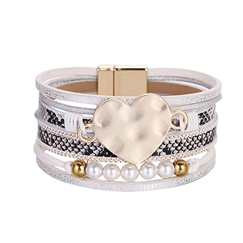 Women Leather Cuff Bracelet Set Multilayer Wrap Bracelet Crystal Snake Pattern Heart Bracelet Magnetic Clasp Bracelet Titanium Post Earrings (White, One Size) #TOP26