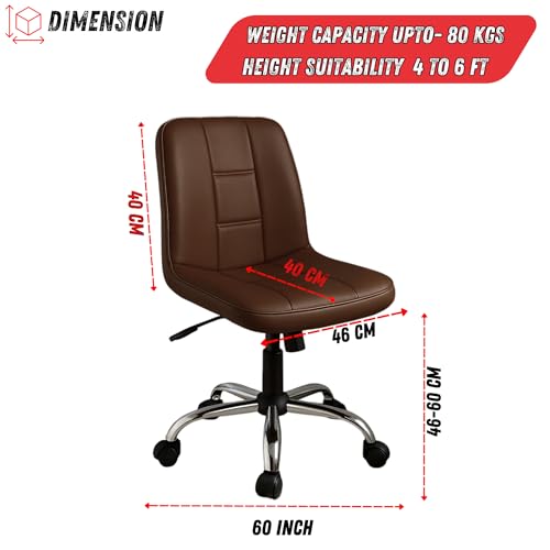 Image of Zidle Adjustable Swivel Office Chair with Cushioned Seat Armless Computer Chair with Wheels Brown Finish Study Desk Chair for Home Office Workstation Seating Modern Compact Design