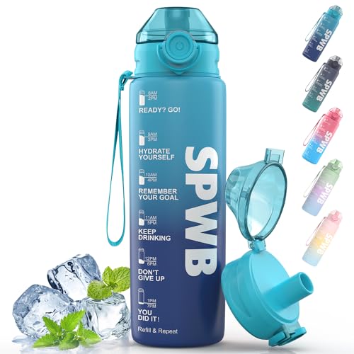 SPWB Trinkflasche,1L Sportflasche Auslaufsicher, BPA-frei Tritan Wasserflasche mit Filter und Zeitmarkierung, Kohlensäure Geeignet für Fahrrad, Fitness, Wandern, Camping und Schule (Blaue Wellen)