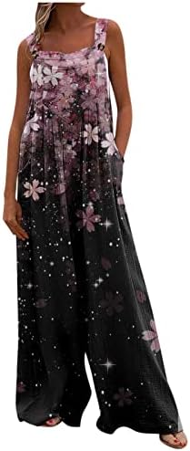 Topassion Ladies Jumpsuits Sleeveless Cotton Linen Romper with Pocket Casual Floral Baggy Playsuits Sexy Fitted Party Straight Pants Suspenders Dungarees Dress for Women UK