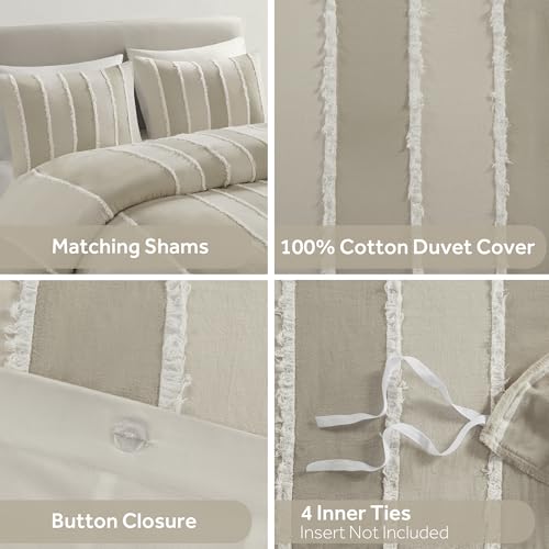 Image of Ink+Ivy King Duvet Cover Set Boho Duvet Covers Stripes, Clipped Jacquard, Cotton Duvet Cover for King Size Bed, All Season Lightweight King Bedding Cover & Shams, Shay, King /Cal King, Taupe 3 Piece