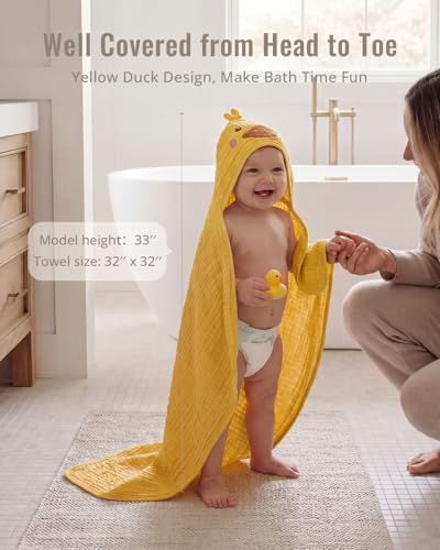 Image of Blissful Diary Muslin Baby Hooded Towel 2 Pack, Soft & Absorbent Bath Towel for Infant, Toddler, Unisex, Baby Gift, Newborn Essentials, Smart Bear & Sunny Duck