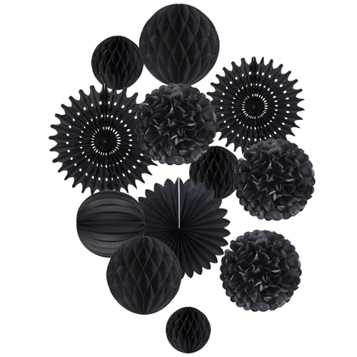 SUNBEAUTY Lot de décorations à pompons en papier noir - Lampions en papier noir - Décoration de fête pour mariage, anniversaire, décoration de table de...