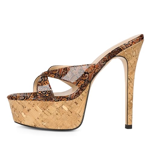 Image of Esvowido Heeled Mules for Women Cork Platform Stiletto Heels Slip on Open Toe High Heeled Sandals Crisscross Slippers Pumps Shoes