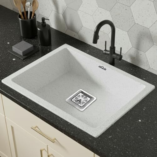 Image of ARQUIN Quartz Kitchen Sink 21x18x9 Inch Sand Pluto | Single Bowl Sink | Durable & Scratch-Resistant | Undermount /Topmount Including Coupling, Waste Pipe & Fruit Washing Basket