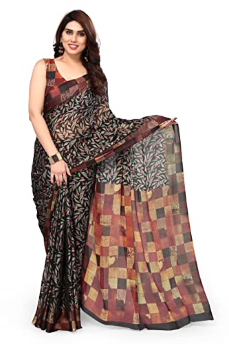 Image of MIRCHI FASHION Women Saree | Chiffon Leaf and Checked Print Professional Office Sari with Blouse