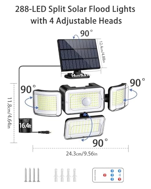 CLAONER Solar Outdoor Lights Motion Sensor 3500LM 288 LED Solar Security Lights with Remote Control IP67 Waterproof 4 Heads Solar Flood Lights with 16.4ft Cable 4 Modes Wall Lights(2 Pack)