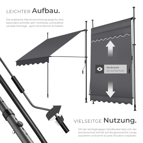 tectake® Klemmmarkise mit Handkurbel, Balkon Markise ohne Bohren, Markise höhenverstellbar, UV-beständig, wasserabweisend, Terrassenüberdachung, Sonnenschutz Terrasse & Balkon, 150 cm - schwarz/grau 3