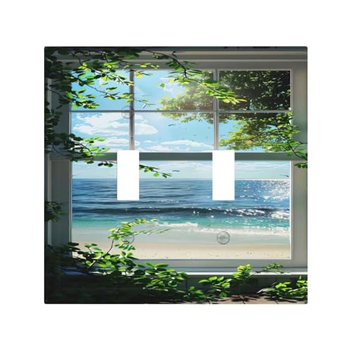 Decorative Switch Covers Plate Window Beach Seascape View Green Leaves 2 Gang Wall Plate Oversized Double Toggle Light Switch Plate Wall Cover Plate Faceplate for Bedroom Home Decor