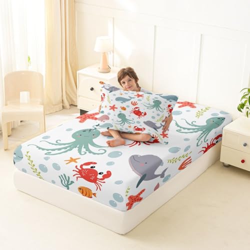 Image of jejeloiu Dolphin Bed Sheets Sets Twin Size Kids Boys Girls Jellyfish Crab Starfish Bedding Set Ocean Bed Sheet Set with 16-Inch Deep Pockets 3Pcs with 1 Pillow Cases