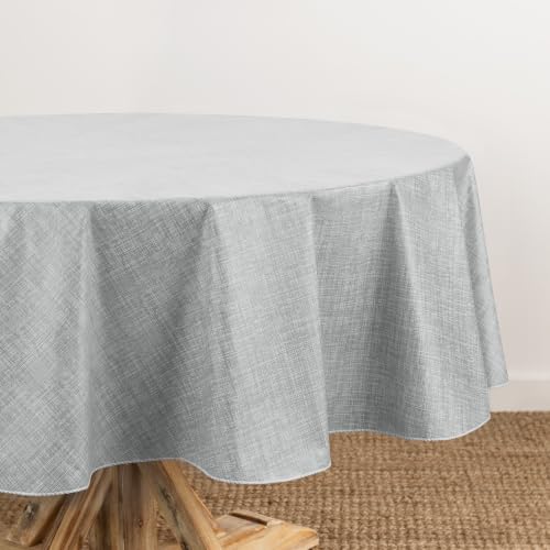 Elrene Home Fashions Monterey Linen Inspired Water- and Stain-Resistant Vinyl Tablecloth with Flannel Backing, 60 inches X 84 inches, Oval, Gray by Threadmade - Used condition - US$16.44