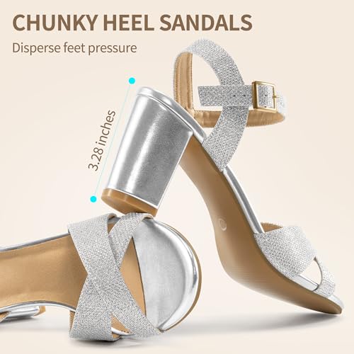 HARENCE Chunky Heels for Women Wedding: Fashion Sparkly Dressy Shoes Open Toe Ankle Strap Heeled Sandal for Prom Party4