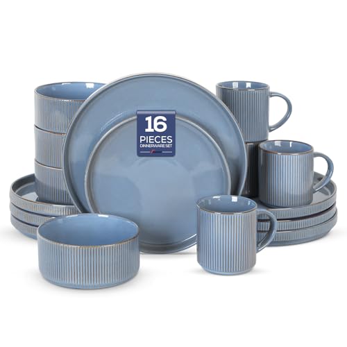 Romswi Dinnerware Set for 4, 16Pcs Stoneware Plates and Bowls Sets with Mugs, Chip & Scratch Resistant Dish Set, Handmade Reactive Glaze Plate Set, Oven, Microwave and Dishwasher Safe, Gray Blue