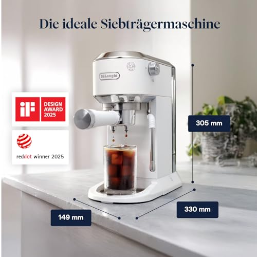 De'Longhi Dedica Duo - Perfetto Kompakte Siebträgermaschine Espressomaschine mit Soft-Touch-Icons, manuellem Milchaufschäumer für Espresso, Cappuccino und Cold Brew, 15cm breit, Weiß (EC890.WI)