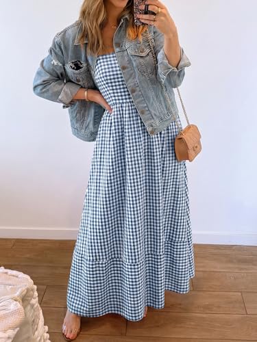 Image of Caracilia Womens Maxi Dresses Gingham Spaghetti Strap Back Smocked Flowy Long Sundress Summer Beach Vacation Clothes 2026