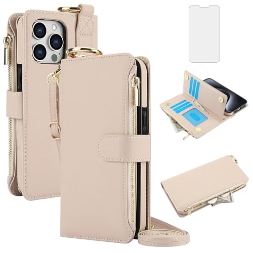 Coque portefeuille pour iPhone 13 Pro avec fermeture éclair et protège-écran