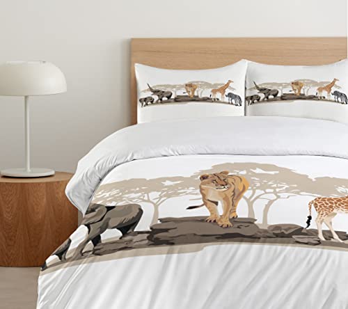 Ambesonne Safari Duvet Cover Set, Illustration Of Wild Savannahs Animals Exotic Giraffe Lion Elephant Zebra, Decorative 2 Piece Bedding Set With 1 Pillow Sham, Twin Size, Beige #TOP4