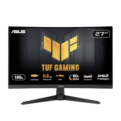 ASUS TUF Gaming VG27WQ3B Monitor Curvo 27', Quad HD VA (2560x1440), 0,5 ms (GTG), 180Hz, Tecnologia Extreme Low Motion Blur, FreeSync, 90% DCI-P3, Nero