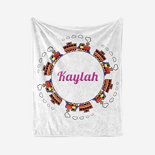 Kaylah - Personalized Trains Throw Blanket, Soft White Plush Fleece, 50x60 Inches, Birthday Holiday Present, Unique Special Fun Idea