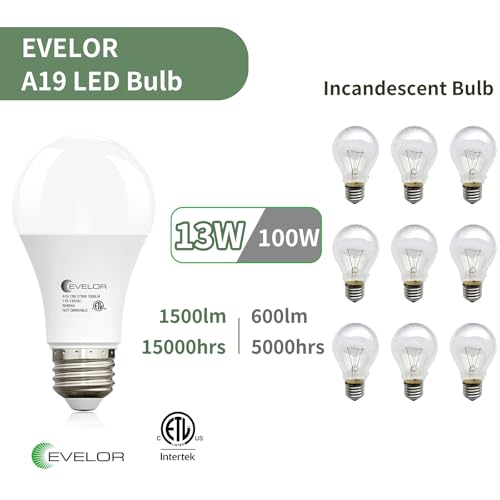 Image of evelor A19 LED Light Bulbs,100 Watt Equivalent 2700K Soft White Efficient 13W,1500 Lumens E26 Base, Non-Dimmable, 15000-Hour Lifespan for Bedroom, Living Room, Office, 6-Packs