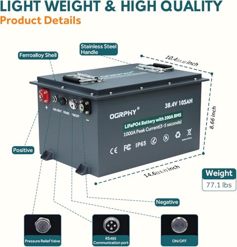 Image of OGRPHY 36V Lithium Golf Cart Battery, with 25A Charger, Touch LCD Monitor, 200A BMS, 1000A(3-5) Peak Current 10 Yrs Lifespan Perfect for Golf Cart, Trolling Motor(38.4V 105Ah)