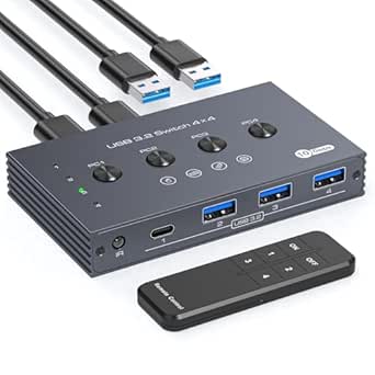 TJCXELE 10Gbps USB Switch 4 PC share 4 USB 3.2 Port USB 3.2 Switcher Selector 4 In 4 Out Videoübertragung und PD Charging nicht unterstützt, mit Fernbedienung und 4xUSB A-A Kabeln