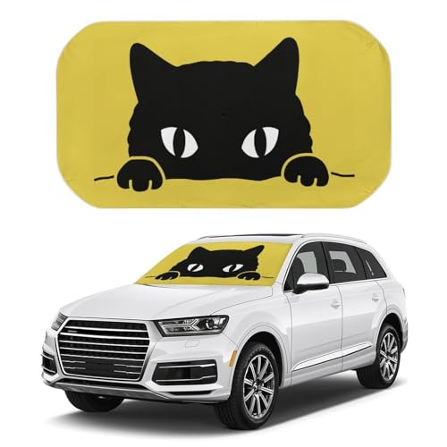 車用サンシェード 黒猫 猫柄 ネコ かわいい イエロー 黄色 アニマル おもしろ 傘型 折りたた式 遮光 遮熱 紫外線遮蔽おしゃれ 取り付け簡単 収納便利