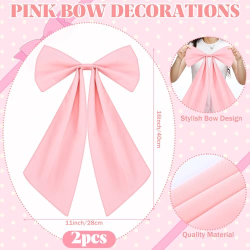 Zeyune 2 Pcs Large Pink Bows Decorations Coquette Party Decors 11 x 16 Inches Polyester Big Curtain Door Wall Bows Decors with String for Coquette Birthday Baby Shower Wedding Bachelorette Supplies — view 3
