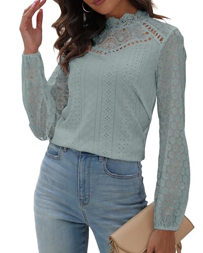 Hount Damen Bluse mit Spitze Einfarbig Spitzenärmel Shirt Elegant Dünnes Shickes Oberteil (S, Grün)
