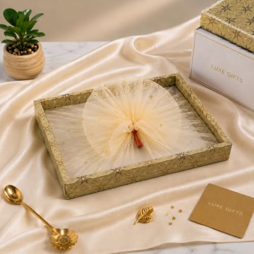 Image of Awestuffs Premium Gift Box Set of 2 with Ribbon Closure, Luxury Decorative Gift Packaging Boxes for Birthday, Wedding, Anniversary, Festival, Return Gifts, Corporate Gifting & Special Occasions (Golden, Gift Tray)